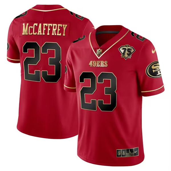 Men's Red Gold San Francisco 49ers #23 Christian McCaffrey 75 Anniversary Patch Limited Stitched Football Jersey